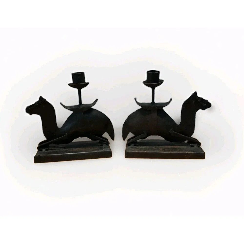 Vintage Folk Art Rustic Tin Metal Handcrafted Camels Candleholders Figurines